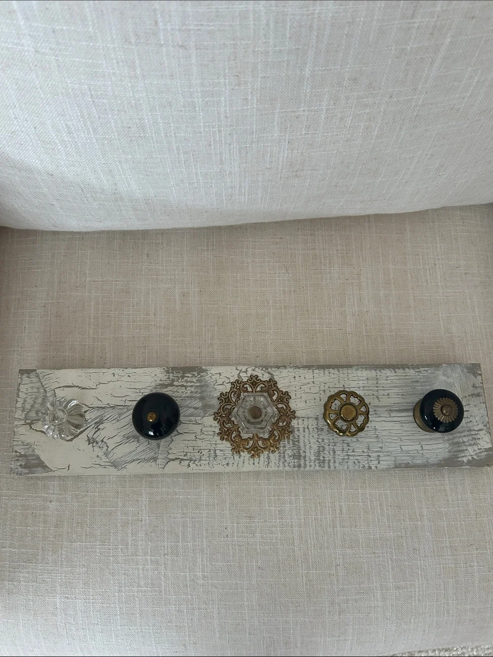 Rustic White Wood Wall Hook Rack with Mixed Glass and Metal Knobs